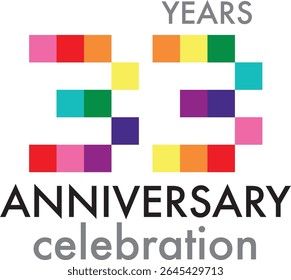 Celebrating anniversary number 33. The number is formed by joining together rainbow colored squares to form the number 33 on a white background with word YEARS ANNIVERSARY celebration.