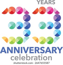 Celebrating anniversary number 33. The number is formed by joining together circles multi colored to form the number 33 on a white background with word YEARS ANNIVERSARY celebration.