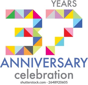 Celebrating anniversary number 37. The number is formed by joining together triangle multi colored to form the number 37 on a white background with word YEARS ANNIVERSARY celebration.