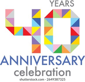 Celebrando o aniversário número 40. O número é formado pela junção de triângulo multicolorido para formar o número 40 em um fundo branco com a palavra ANIVERSÁRIO de comemoração.
