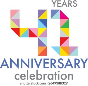 Celebrando o aniversário número 41. O número é formado pela junção de triângulo multicolorido para formar o número 41 em um fundo branco com a palavra ANIVERSÁRIO de comemoração.