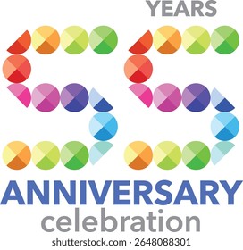 Celebrating anniversary number 55. The number is formed by joining together circles multi colored to form the number 55 on a white background with word YEARS ANNIVERSARY celebration.