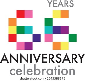 Celebrating anniversary number 66. The number is formed by joining together rainbow colored squares to form the number 66 on a white background with word YEARS ANNIVERSARY celebration.