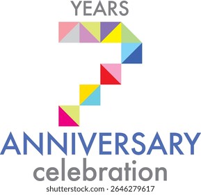 Celebrating anniversary number 7 . The number is formed by joining together triangle multi colored to form the number 7 on a white background with word YEARS ANNIVERSARY celebration.