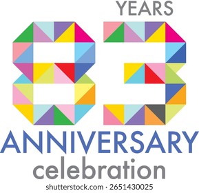 Celebrating anniversary number 83. The number is formed by joining together triangle multi colored to form the number 83 on a white background with word YEARS ANNIVERSARY celebration. svg