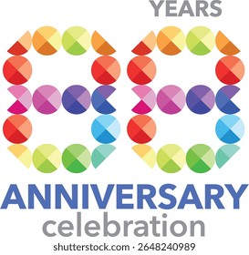 Celebrating anniversary number 88. The number is formed by joining together circles multi colored to form the number 88 on a white background with word YEARS ANNIVERSARY celebration.