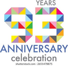 Comemorando o aniversário número 93. O número é formado pela junção de triângulo multicolorido para formar o número 93 em um fundo branco com a palavra ANIVERSÁRIO DE ANOS celebração.