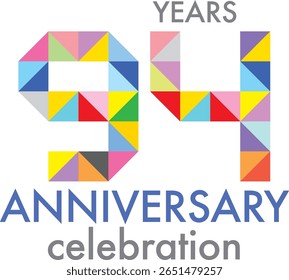 Comemorando o aniversário número 94. O número é formado pela junção de triângulo multicolorido para formar o número 94 em um fundo branco com a palavra ANIVERSÁRIO de comemoração.