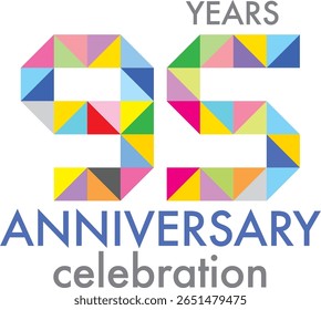 Comemorando o aniversário número 95. O número é formado pela junção de triângulo multicolorido para formar o número 95 em um fundo branco com a palavra ANIVERSÁRIO de comemoração.