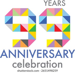 Comemorando o aniversário número 99. O número é formado pela junção de triângulo multicolorido para formar o número 99 em um fundo branco com a palavra ANIVERSÁRIO de comemoração.