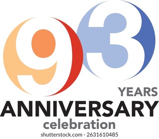 Celebrating Anniversary orange and blue number 93 white color with word YEARS ANNIVERSARY celebration.