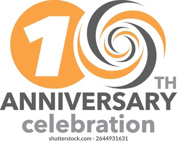 Celebrating anniversary orange circle number 10 on a white background with word TH ANNIVERSARY celebration at the bottom.