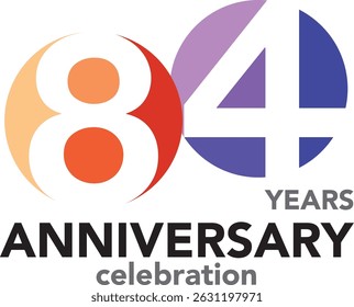 Celebrating Anniversary orange and purple color and number 84 white color with word YEARS ANNIVERSARY celebration.