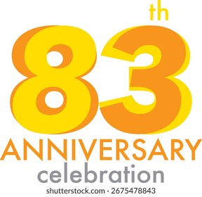 Celebrating Anniversary orange and yellow colored number 83 on a white background with word th ANNIVERSARY celebration. svg