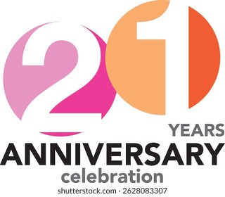 Celebrating Anniversary pink and blue orange colored and number 21 white color  with word YEARS ANNIVERSARY celebration.