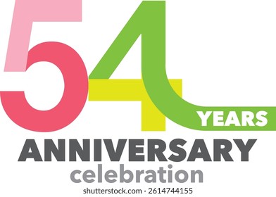 Celebrating Anniversary pink and green colored number 54 on a white background with word YEARS ANNIVERSARY celebration.