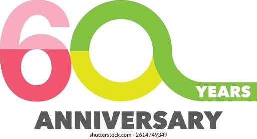 Celebrating Anniversary pink and green colored number 60 on a white background with word YEARS ANNIVERSARY celebration.