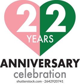 Celebrating Anniversary pink and green heart shape number 22 on a white background with word YEARS ANNIVERSARY celebration at the bottom.