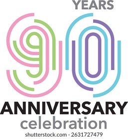 Celebrating Anniversary pink green and sky blue purple stroke number 90 on a white background with word YEARS ANNIVERSARY celebration.