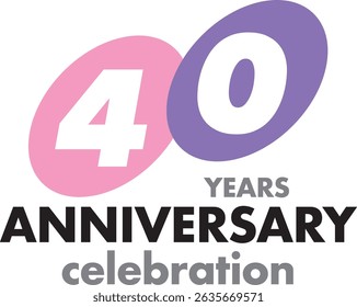 Celebrando o aniversário rosa e roxo círculo cor número 40 em um fundo branco com a palavra ANIVERSÁRIO de anos celebração na parte inferior.