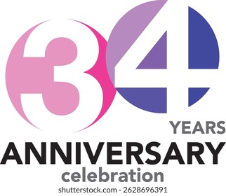Celebrating Anniversary pink and purple color and number 34 white color with word YEARS ANNIVERSARY celebration.