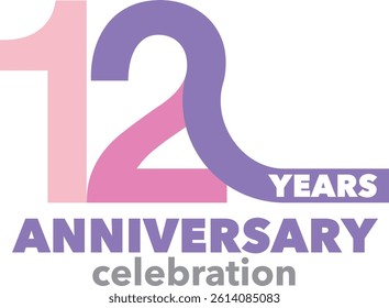 Celebrating Anniversary pink and purple colored number 12 on a white background with word YEARS ANNIVERSARY celebration at the right bottom.