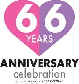 Celebrating Anniversary pink and purple heart shape number 66 on a white background with word YEARS ANNIVERSARY celebration at the bottom.