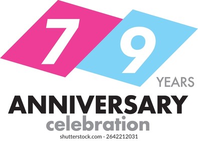 Celebrating Anniversary pink and sky blue square color number 79 on a white background with word YEARS ANNIVERSARY celebration at the bottom.