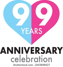 Celebrating Anniversary pink and sky blue heart shape number 99 on a white background with word YEARS ANNIVERSARY celebration at the bottom.