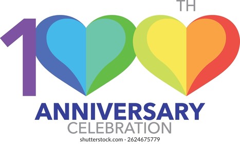 Celebrating Anniversary purple blue sky blue green lime green yellow and orange colored heart shape number 100 on a white background with word TH ANNIVERSARY CELEBRATION.