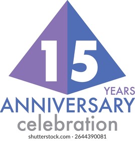 Celebrating Anniversary purple and blue triangle shape number 15 on a white background with word YEARS ANNIVERSARY celebration at the bottom.