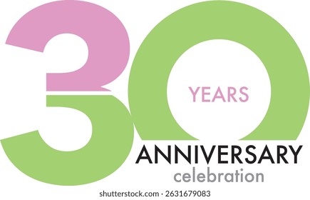 Celebrating Anniversary purple and green colored number 30 with word YEARS ANNIVERSARY celebration.