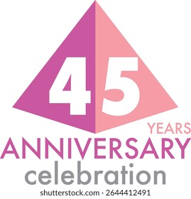 Celebrating Anniversary purple and light pink triangle shape number 45 on a white background with word YEARS ANNIVERSARY celebration at the bottom.