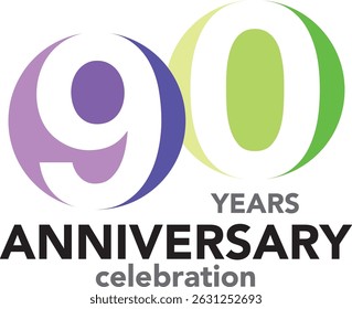 Celebrating Anniversary purple and lime green color and number 90 white color with word YEARS ANNIVERSARY celebration.
