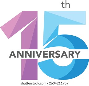 Celebrating Anniversary purple and sky blue colored number 15 on a white background with word Anniversary the middle.