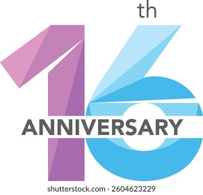 Celebrating Anniversary purple and sky blue colored number 16 on a white background with word Anniversary the middle.