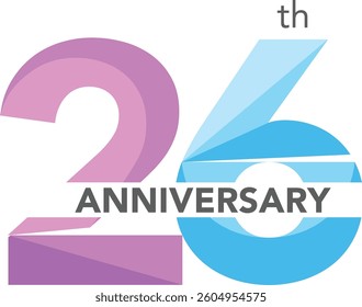 Celebrating Anniversary purple and sky blue colored number 26 on a white background with word Anniversary the middle.