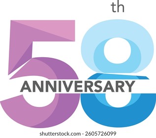 Celebrating Anniversary purple and sky blue colored number 58 on a white background with word Anniversary the middle.