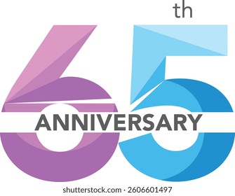 Celebrating Anniversary purple and sky blue colored number 65 on a white background with word Anniversary the middle.