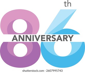 Celebrating Anniversary purple and sky blue colored number 86 on a white background with word Anniversary the middle.