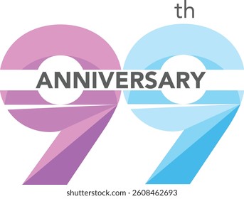 Celebrating Anniversary purple and sky blue colored number 99 on a white background with word Anniversary the middle.