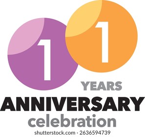 Celebrating Anniversary purple and yellow square color number 11 on a white background with word YEARS ANNIVERSARY celebration at the bottom.