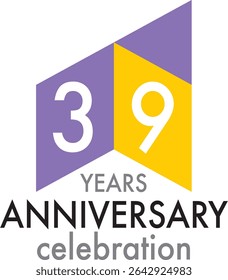 Celebrating Anniversary purple and yellow square shape number 39 on a white background with word YEARS ANNIVERSARY celebration at the bottom.