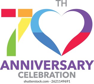 Celebrating Anniversary rainbow colored heart shape number 70 on a white background with word TH ANNIVERSARY CELEBRATION.
