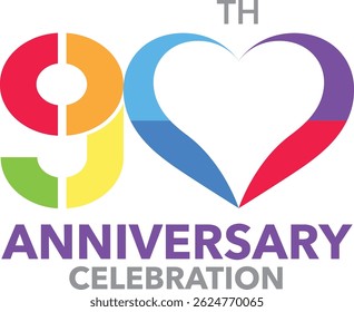 Celebrating Anniversary rainbow colored heart shape number 90 on a white background with word TH ANNIVERSARY CELEBRATION.