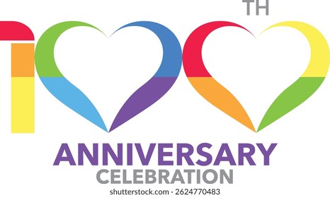 Celebrating Anniversary rainbow colored heart shape number 100 on a white background with word TH ANNIVERSARY CELEBRATION.