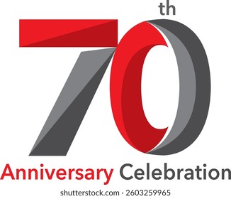 Celebrating Anniversary red and black colored number 70 on a white background with word Anniversary Celebration the bottom.