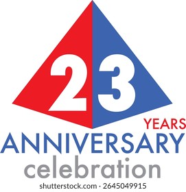 Celebrating Anniversary red and blue triangle shape number 23 on a white background with word YEARS ANNIVERSARY celebration at the bottom.