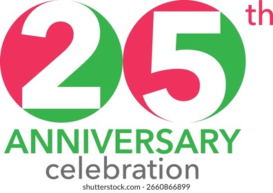 Celebrating Anniversary red and green circle number 25 with word th ANNIVERSARY celebration on white background. Number 25 vector illustration.