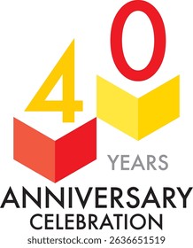Comemorando o aniversário vermelho e amarelo cor número 40 em um fundo branco com a palavra ANIVERSÁRIO de anos celebração na parte inferior.